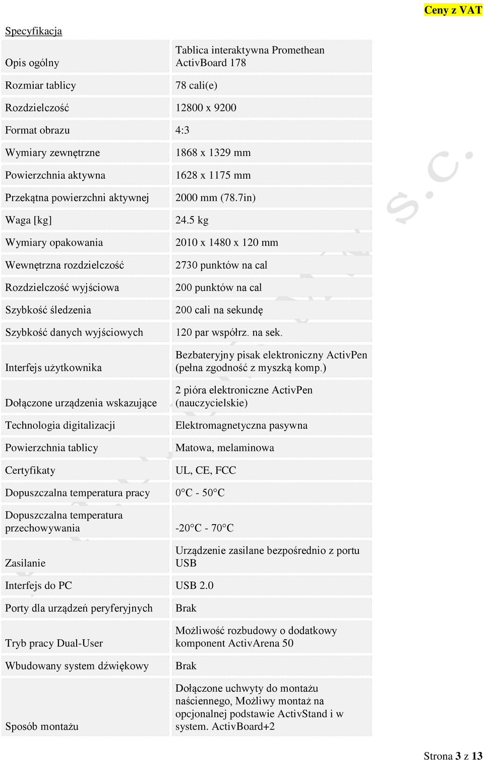 Technologia digitalizacji Powierzchnia tablicy Certyfikaty 1868 x 1329 mm 1628 x 1175 mm 2000 mm (78.7in) 24.