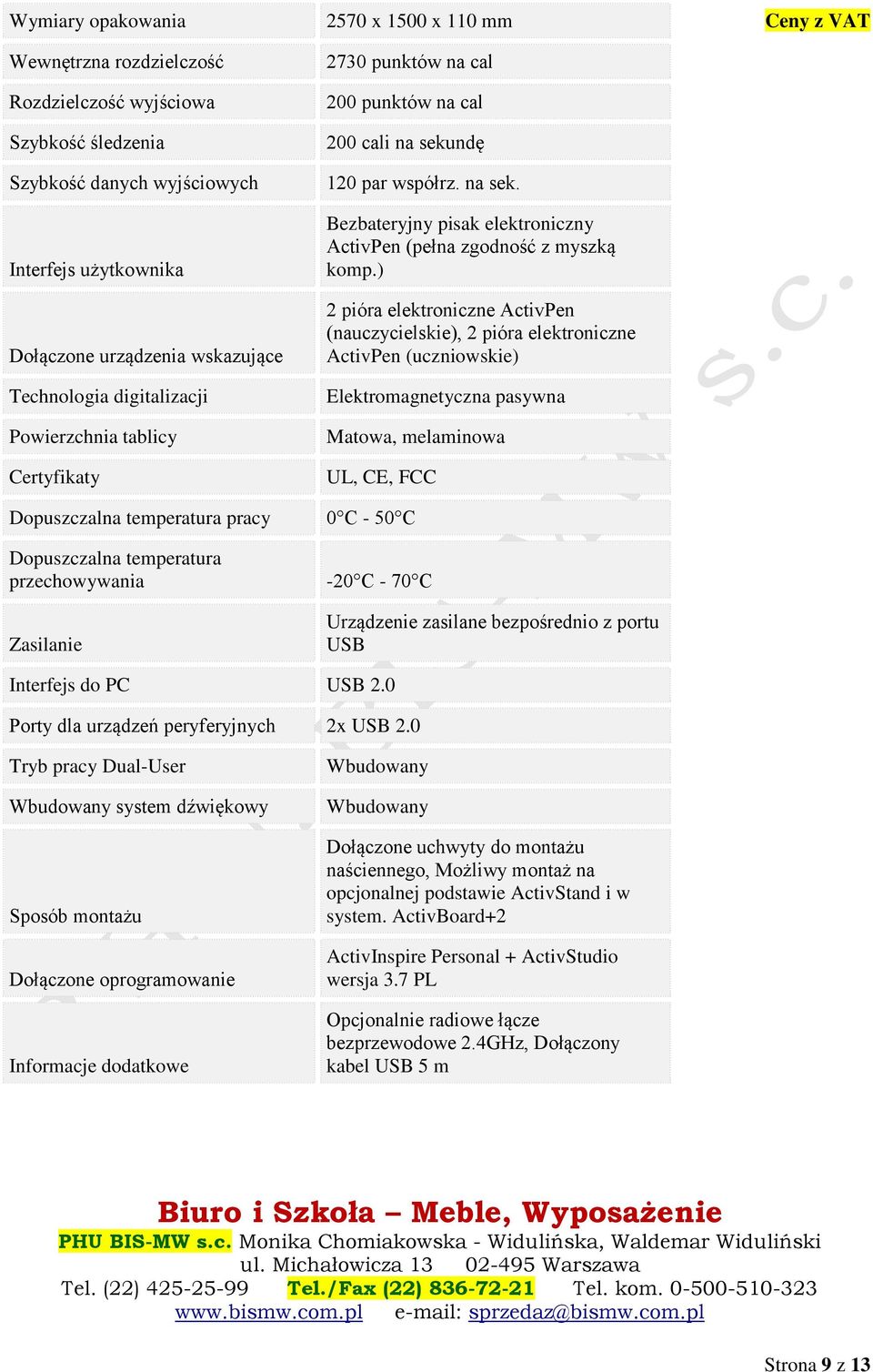 ) 2 pióra elektroniczne ActivPen (nauczycielskie), 2 pióra elektroniczne ActivPen (uczniowskie) Elektromagnetyczna pasywna Matowa, melaminowa UL, CE, FCC Dopuszczalna temperatura pracy 0 C - 50 C