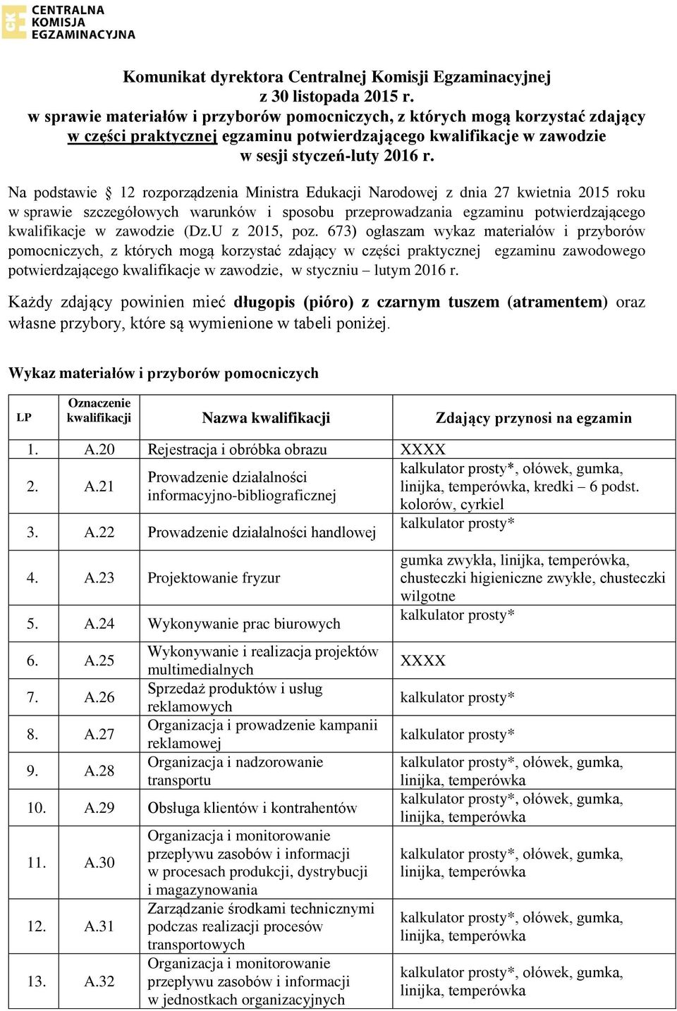 Na podstawie 12 rozporządzenia Ministra Edukacji Narodowej z dnia 27 kwietnia 2015 roku w sprawie szczegółowych warunków i sposobu przeprowadzania egzaminu potwierdzającego kwalifikacje w zawodzie