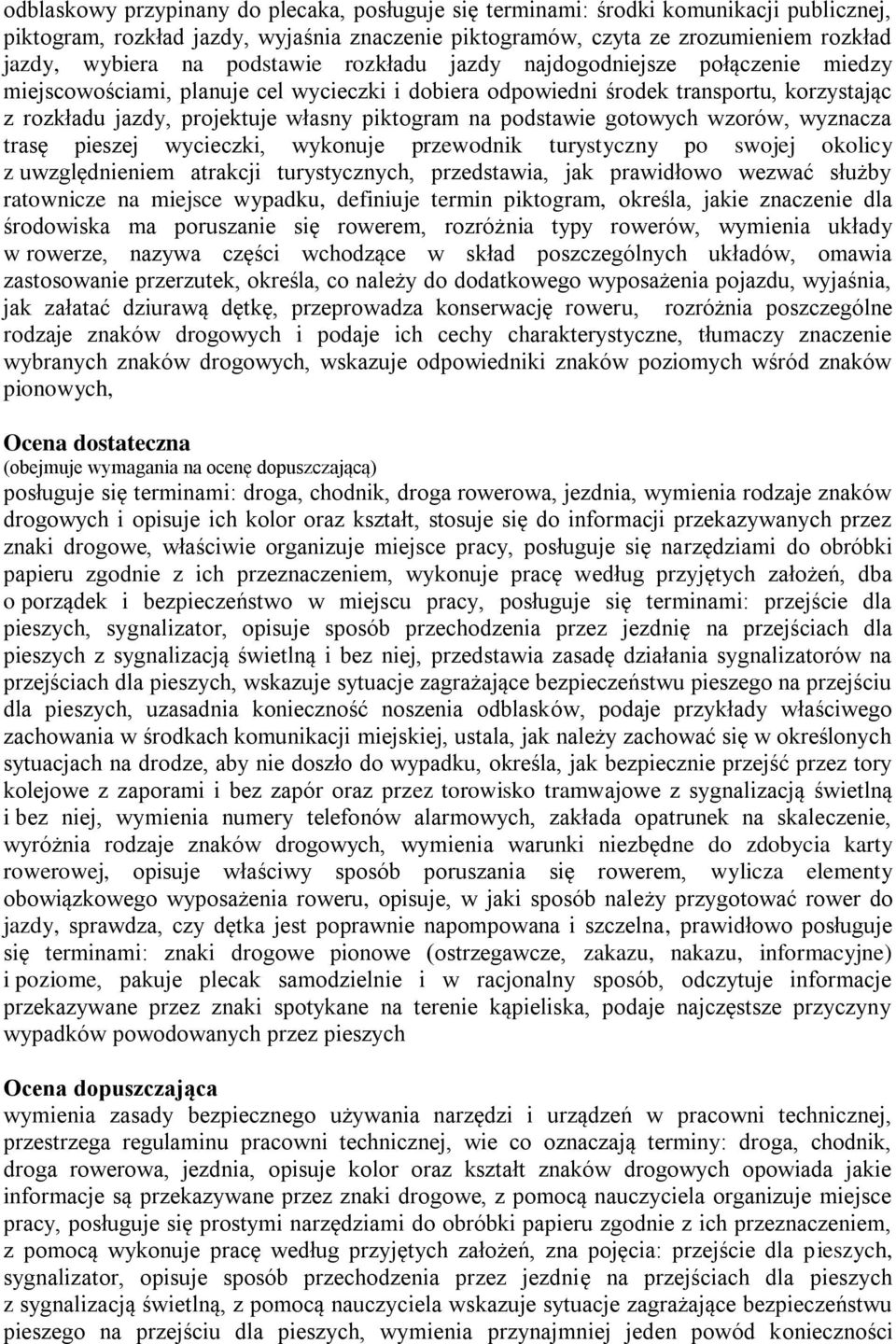 podstawie gotowych wzorów, wyznacza trasę pieszej wycieczki, wykonuje przewodnik turystyczny po swojej okolicy z uwzględnieniem atrakcji turystycznych, przedstawia, jak prawidłowo wezwać służby