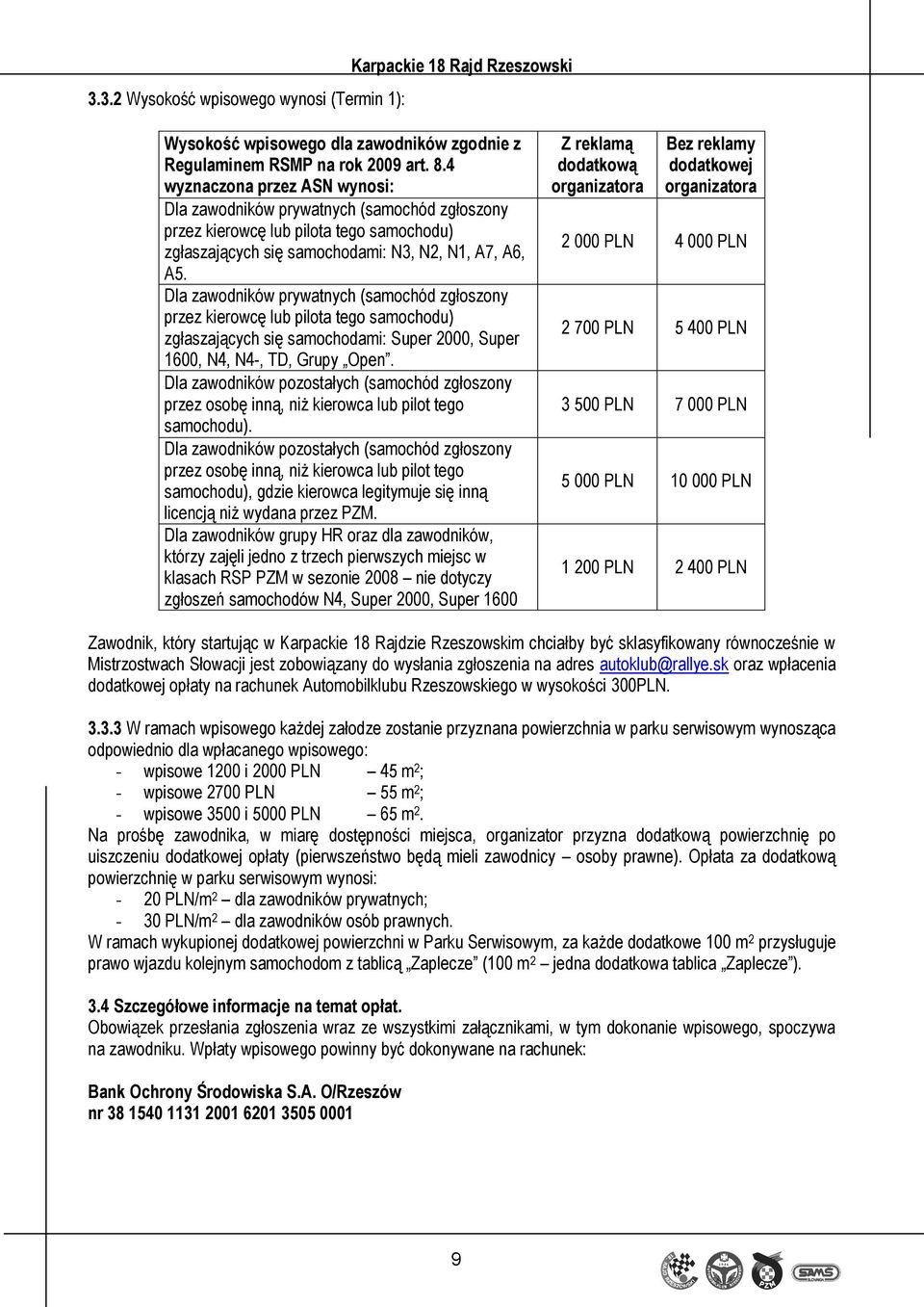 Dla zawodników prywatnych (samochód zgłoszony przez kierowcę lub pilota tego samochodu) zgłaszających się samochodami: Super 2000, Super 1600, N4, N4-, TD, Grupy Open.