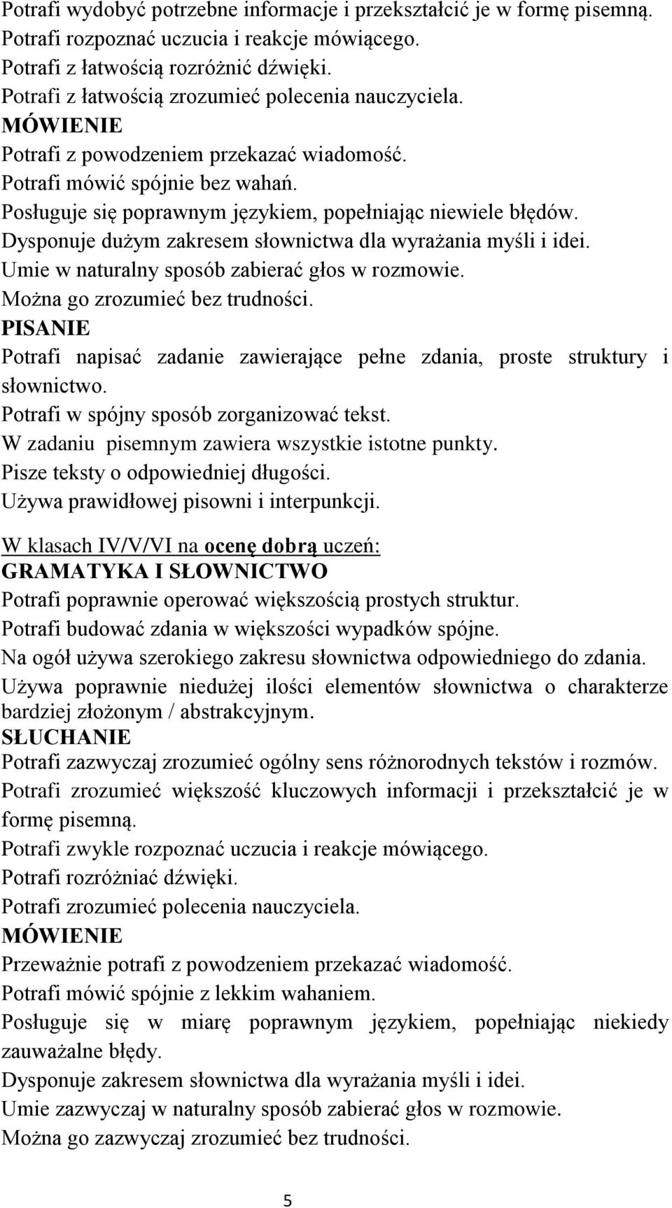 Dysponuje dużym zakresem słownictwa dla wyrażania myśli i idei. Umie w naturalny sposób zabierać głos w rozmowie. Można go zrozumieć bez trudności.