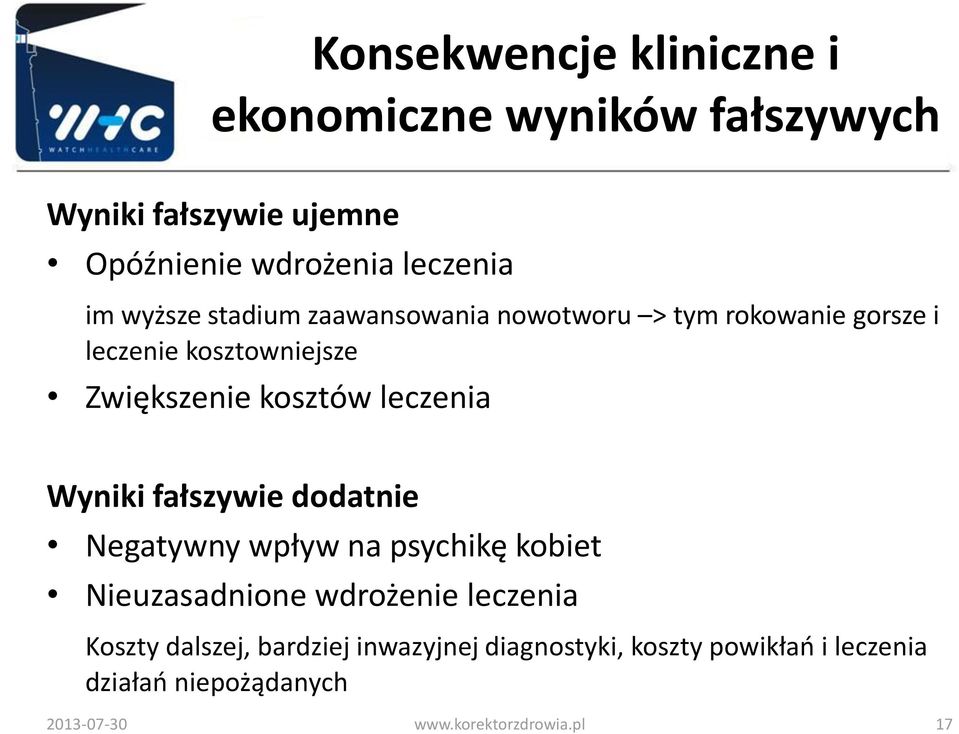 leczenia Wyniki fałszywie dodatnie Negatywny wpływ na psychikę kobiet Nieuzasadnione wdrożenie leczenia Koszty