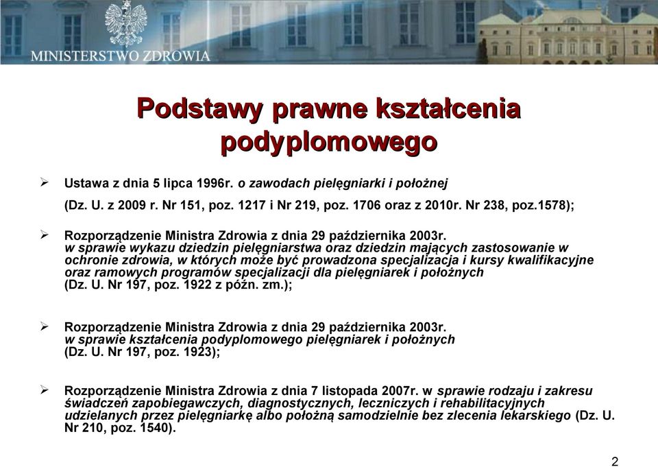 w sprawie wykazu dziedzin pielęgniarstwa oraz dziedzin mających zastosowanie w ochronie zdrowia, w których może być prowadzona specjalizacja i kursy kwalifikacyjne oraz ramowych programów