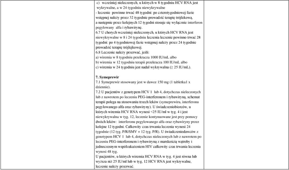 7 U chorych wcześniej nieleczonych, u których HCV RNA jest niewykrywalne w 8 i 24 tygodniu leczenia leczenie powinno trwać 28 tygodni: po 4 tygodniowej fazie wstępnej należy przez 24 tygodnie