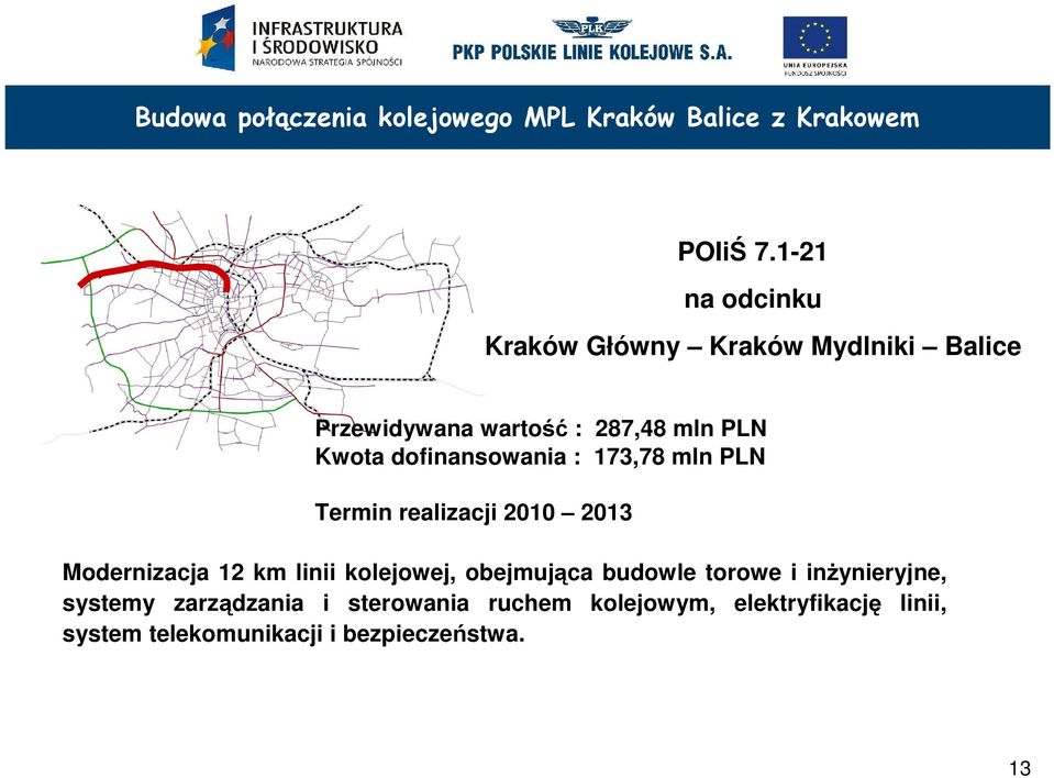 dofinansowania : 173,78 mln PLN Termin realizacji 2010 2013 Modernizacja 12 km linii kolejowej,