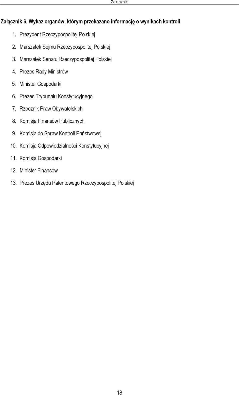 Prezes Trybunału Konstytucyjnego 7. Rzecznik Praw Obywatelskich 8. Komisja Finansów Publicznych 9. Komisja do Spraw Kontroli Państwowej 10.