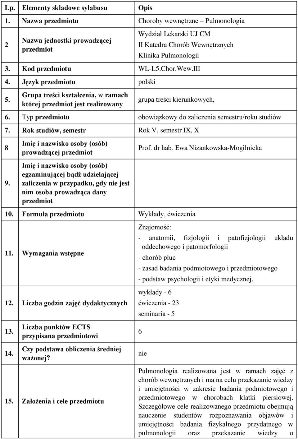 Rok studiów, semestr Rok V, semestr IX, X 8 9.