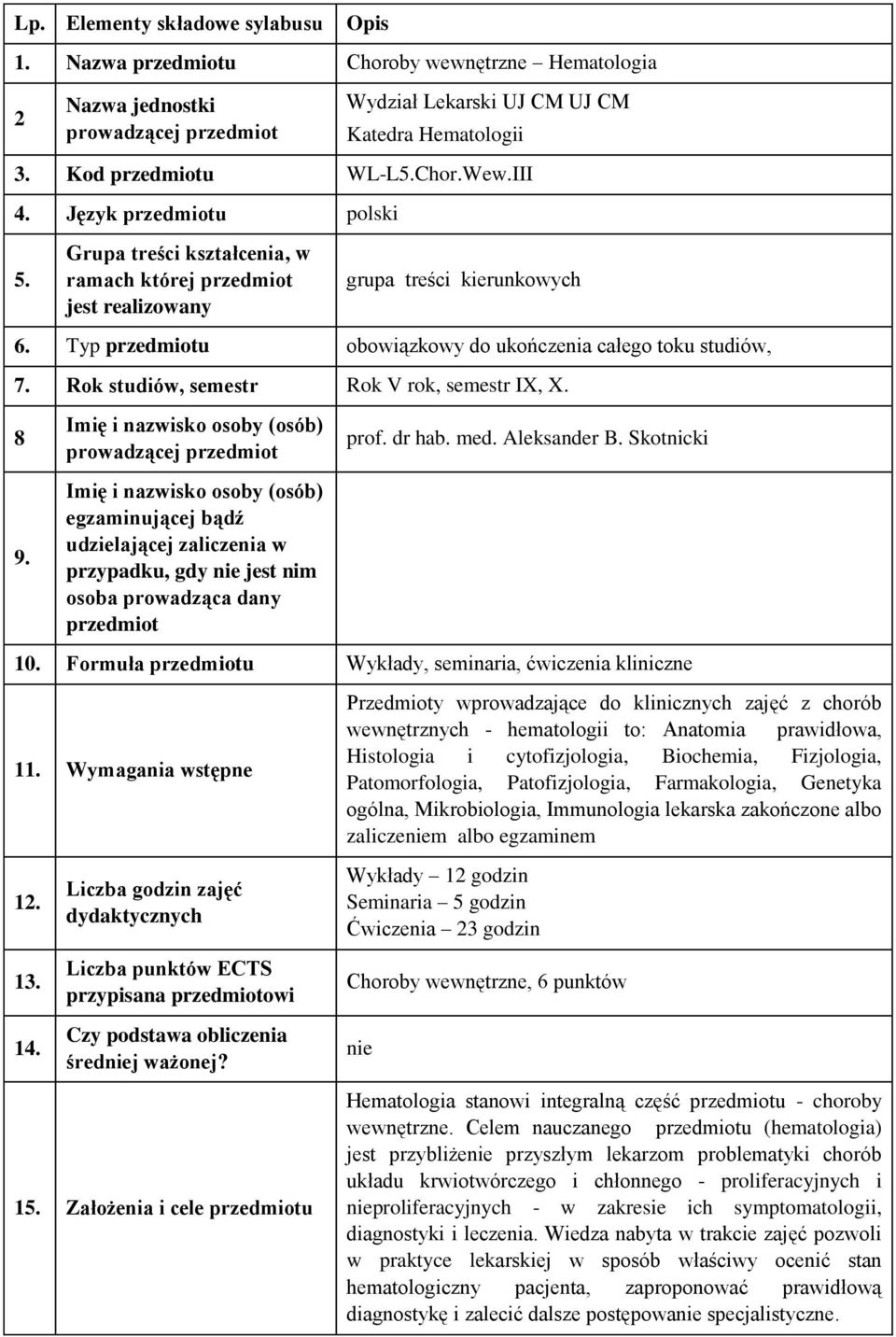 Rok studiów, semestr Rok V rok, semestr IX, X. 8 9.