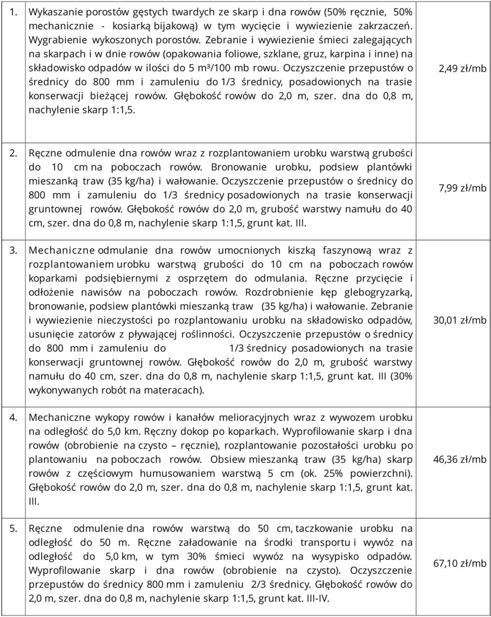 Oczyszczenie przepustów o średnicy do 800 mm i zamuleniu do 1/3 średnicy, posadowionych na trasie konserwacji bieżącej rowów. Głębokość rowów do 2,0 m, szer. dna do 0,8 m, nachylenie skarp 1:1,5.