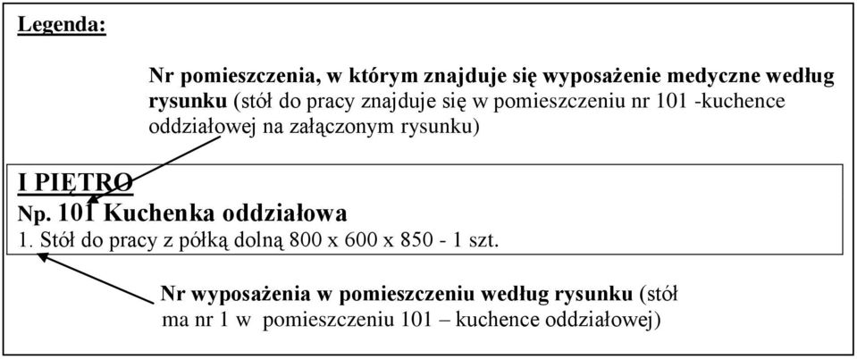 PIĘTRO Np. 101 Kuchenka oddziałowa 1. Stół do pracy z półką dolną 800 x 600 x 850-1 szt.