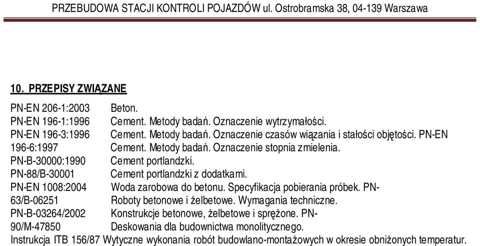 PN-EN 1008:2004 Woda zarobowa do betonu. Specyfikacja pobierania próbek. PN- 63/B-06251 Roboty betonowe i żelbetowe. Wymagania techniczne.