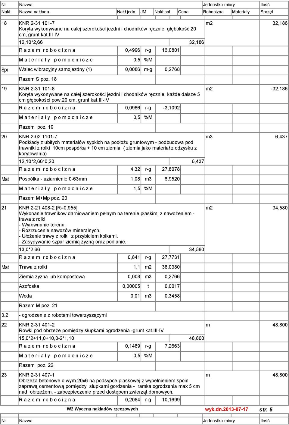 18 m2 32,186 19 KNR 2-31 101-8 Koryta wykonywane na całej szerokości jezdni i chodników ręcznie, każde dalsze 5 cm głębokości pow.20 cm, grunt kat.