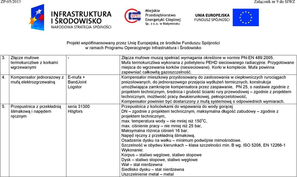 Mufa termokurczliwa wykonana z polietylenu PEHD sieciowanego radiacyjnie. Przygotowane miejsca do wgrzewania korków (niesieciowane). Korki w komplecie. Mufa powinna zapewniać całkowitą gazoszczelność.