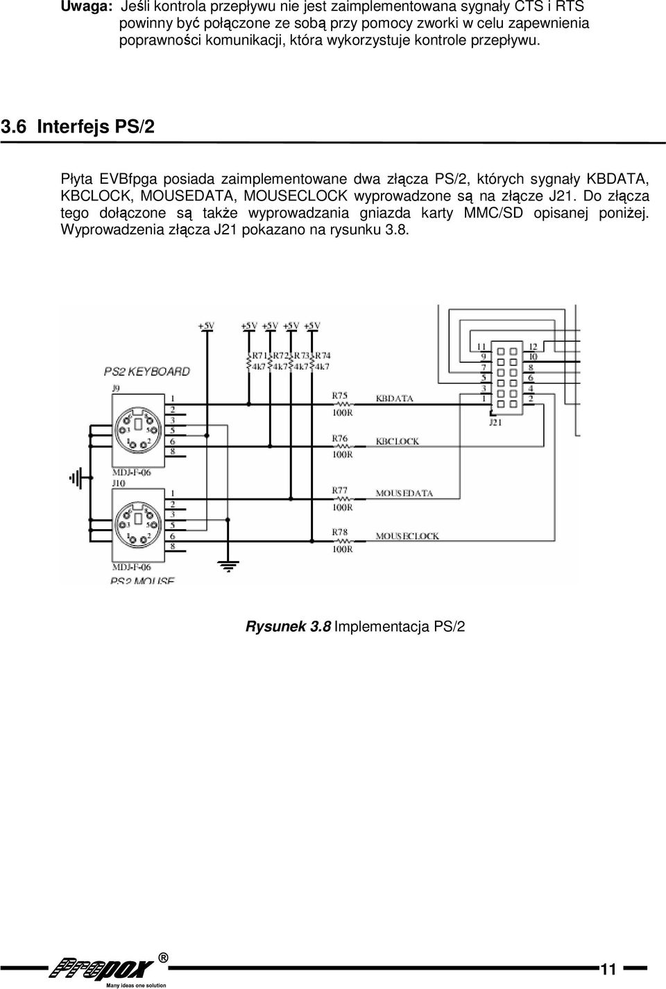 6 Interfejs PS/2 Płyta EVBfpga posiada zaimplementowane dwa złącza PS/2, których sygnały KBDATA, KBCLOCK, MOUSEDATA, MOUSECLOCK