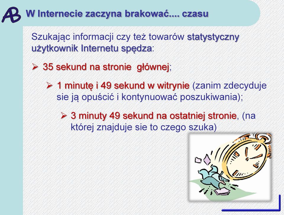 spędza: 35 sekund na stronie głównej; 1 minutę i 49 sekund w witrynie (zanim