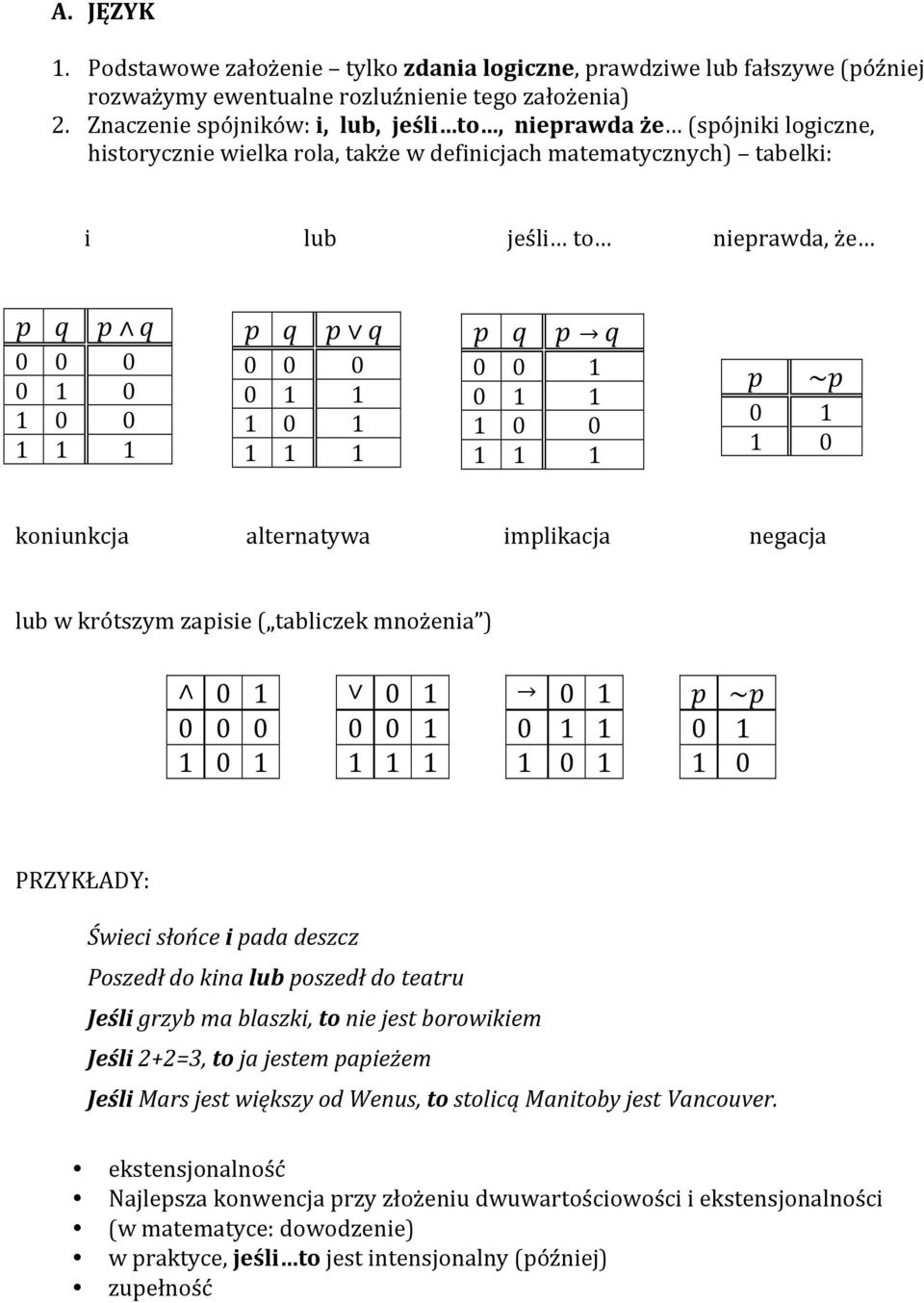 1 1 p q p q 0 0 0 0 1 1 1 0 1 1 1 1 p q p q 0 0 1 0 1 1 1 0 0 1 1 1 p ~p 0 1 1 0 koniunkcja alternatywa implikacja negacja lub w krótszym zapisie ( tabliczek mnożenia ) 0 1 0 1 0 1 p ~p 0 0 0 0 0 1 0