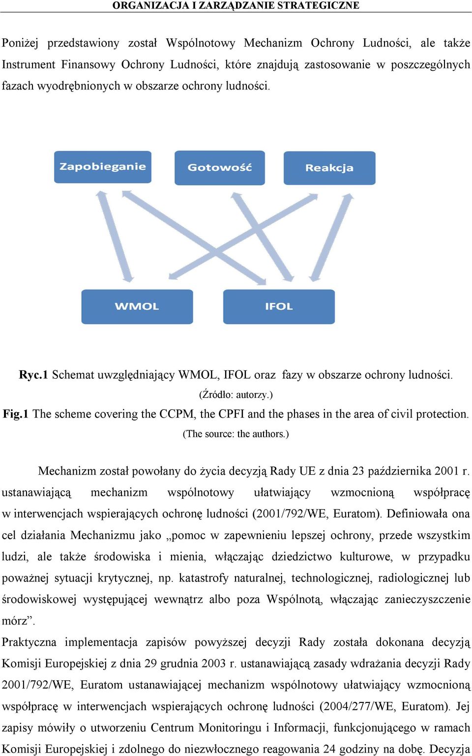 1 The scheme covering the CCPM, the CPFI and the phases in the area of civil protection. (The source: the authors.) Mechanizm został powołany do życia decyzją Rady UE z dnia 23 października 2001 r.