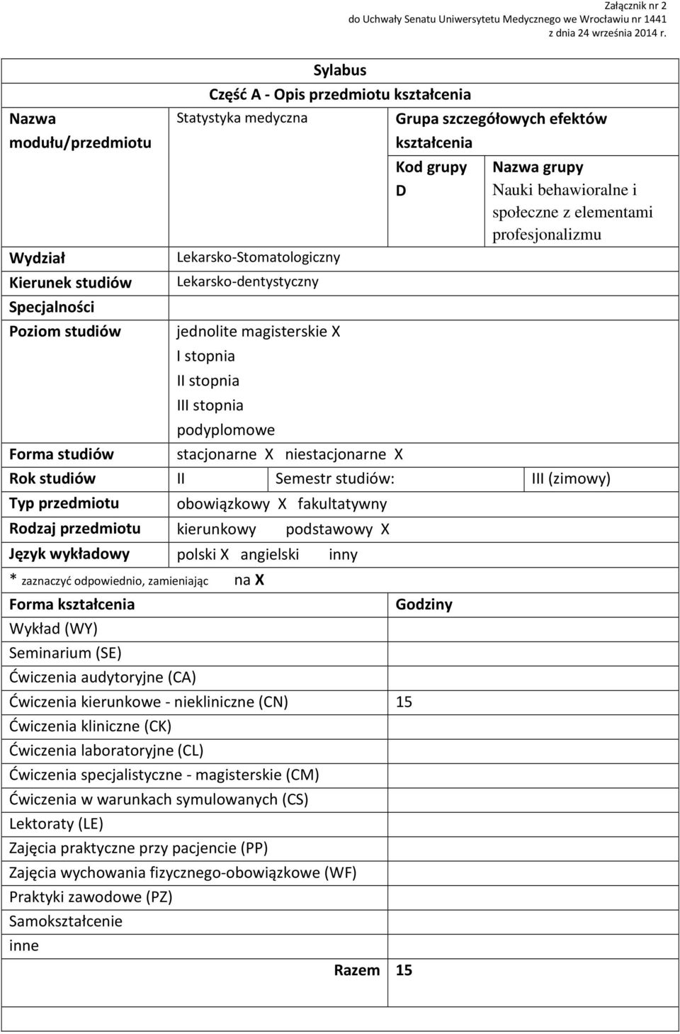 Lekarsko-dentystyczny jednolite magisterskie X I stopnia II stopnia III stopnia podyplomowe Kod grupy D Nazwa grupy Nauki behawioralne i społeczne z elementami profesjonalizmu Forma studiów