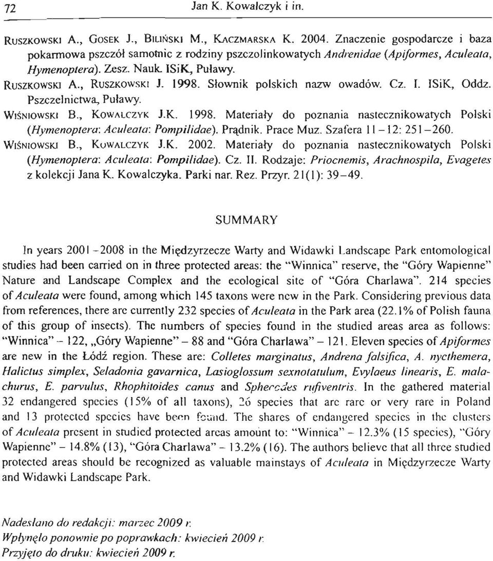 Słownik polskich nazw owadów. Cz. I. ISiK, Oddz. Pszczeln ictwa, Puławy. WI ŚNIOWSKI B., KOWALCZYK J.K. 1998. Materi ały do poznania nastecznikowatych Polski (Hym enoptera: Aculea/a : Pompilidae).