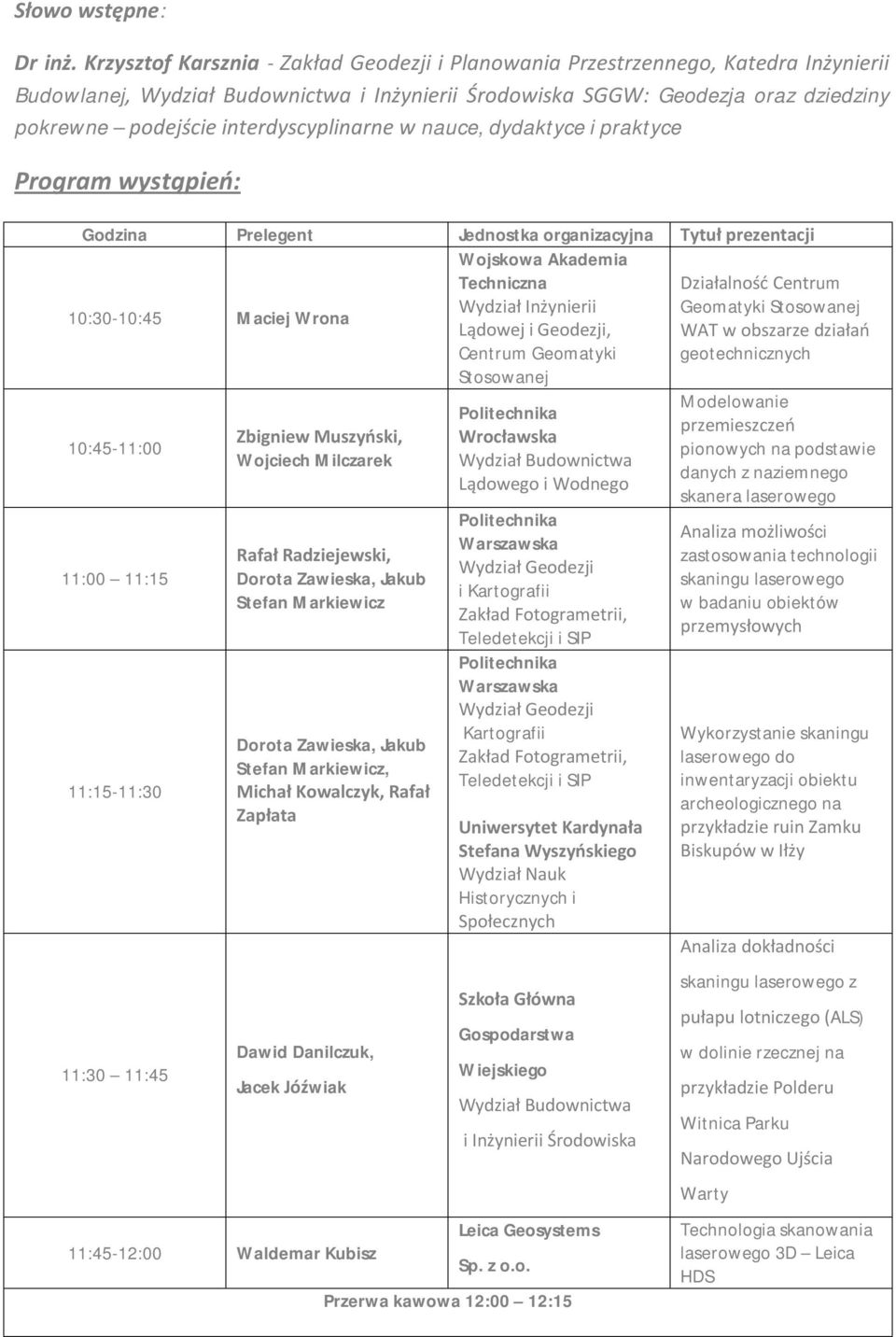 Godzina Prelegent Jednostka organizacyjna Tytuł prezentacji Wojskowa Akademia Techniczna Działalność Centrum 10:30-10:45 Maciej Wrona Wydział Inżynierii Geomatyki Stosowanej Lądowej i Geodezji, WAT w