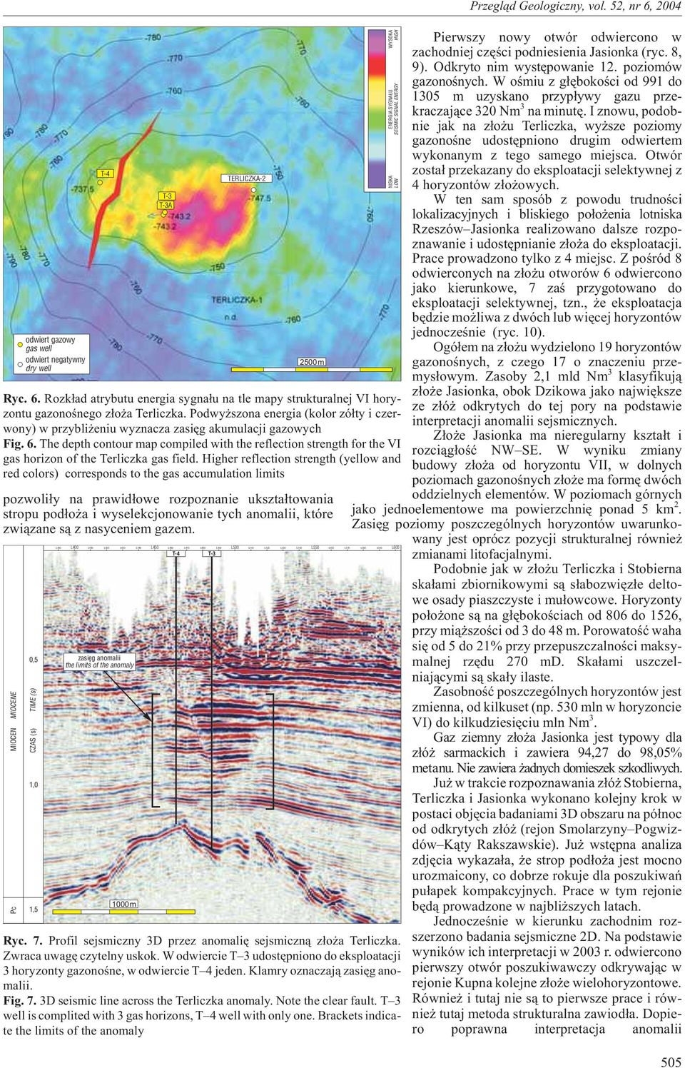 The depth contour map compiled with the reflection strength for the VI gas horizon of the Terliczka gas field.