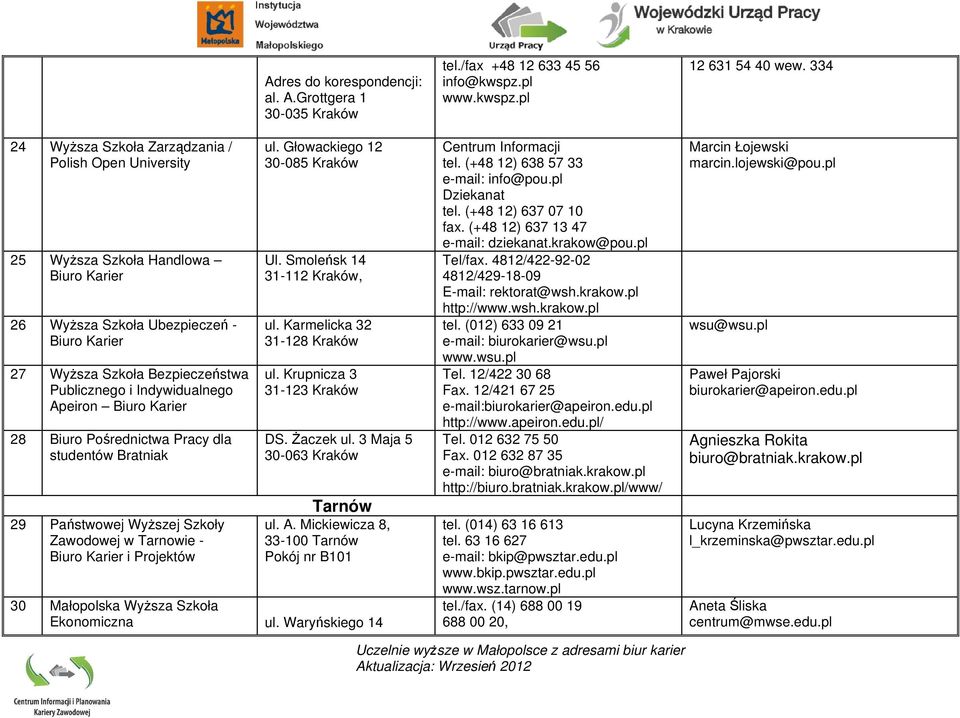 Smoleńsk 14 31-112 Kraków, ul. Karmelicka 32 31-128 Kraków ul. Krupnicza 3 31-123 Kraków DS. śaczek ul. 3 Maja 5 30-063 Kraków Tarnów ul. A.