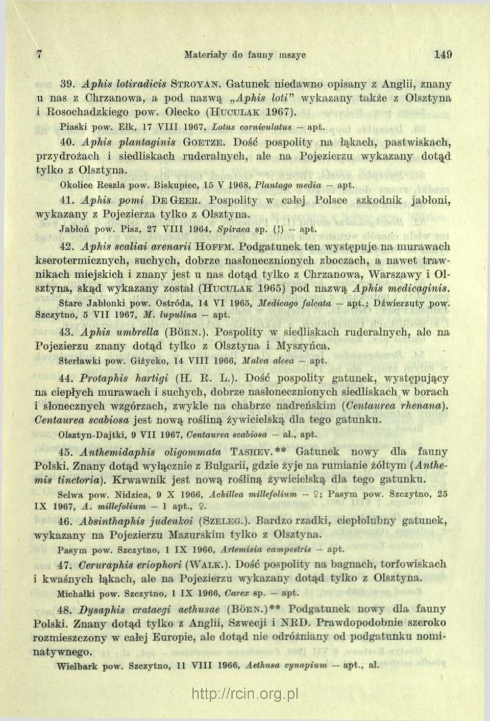 D ość pospolity na łąkach, pastwiskach, przydrożach i siedliskach ruderalnych, ale na Pojezierzu wykazany dotąd tylko z Olsztyna. Okolice R eszla pow. B iskupiec, 15 V 1968, Planlago media apt. 41.