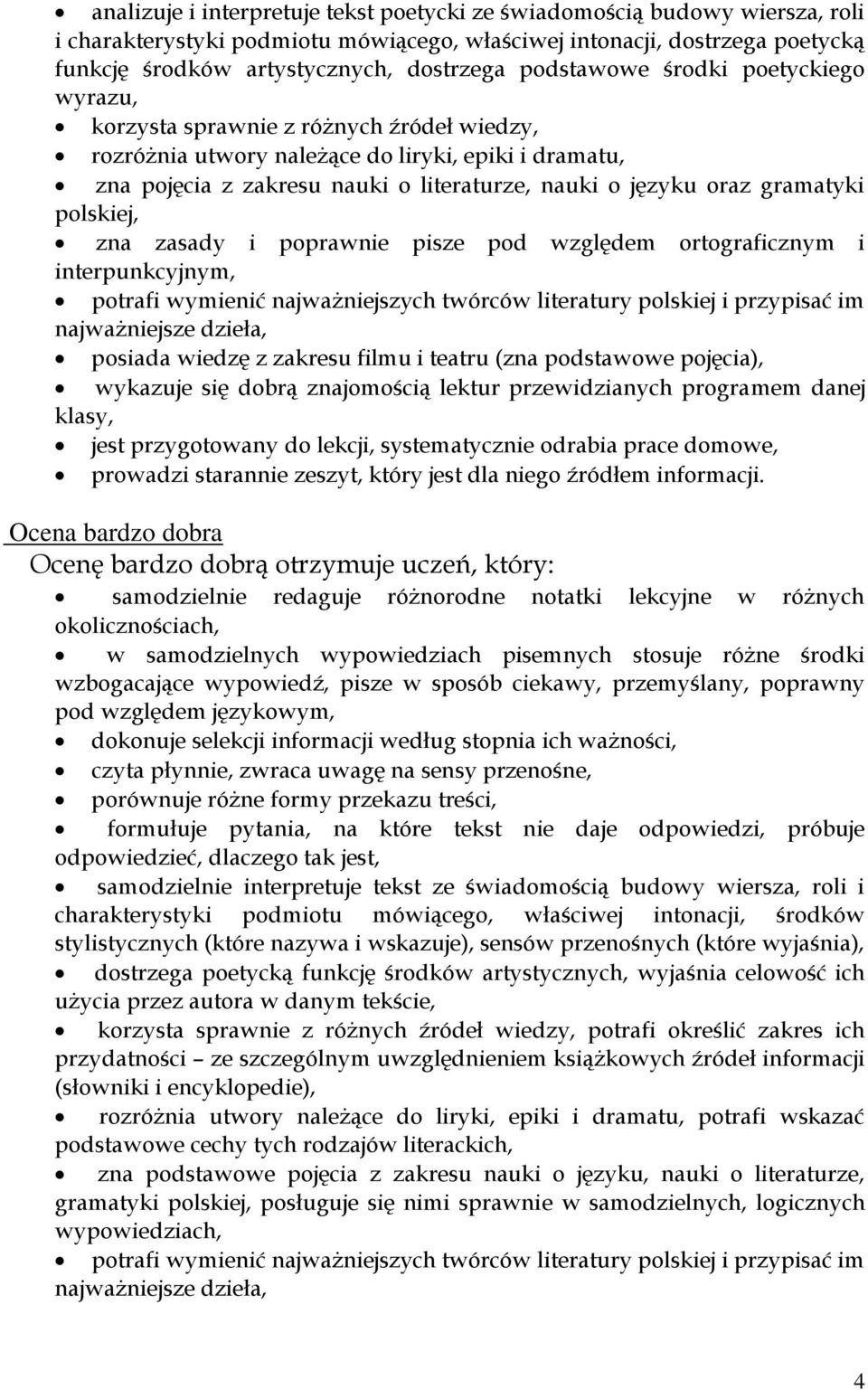 gramatyki polskiej, zna zasady i poprawnie pisze pod względem ortograficznym i interpunkcyjnym, potrafi wymienić najważniejszych twórców literatury polskiej i przypisać im najważniejsze dzieła,