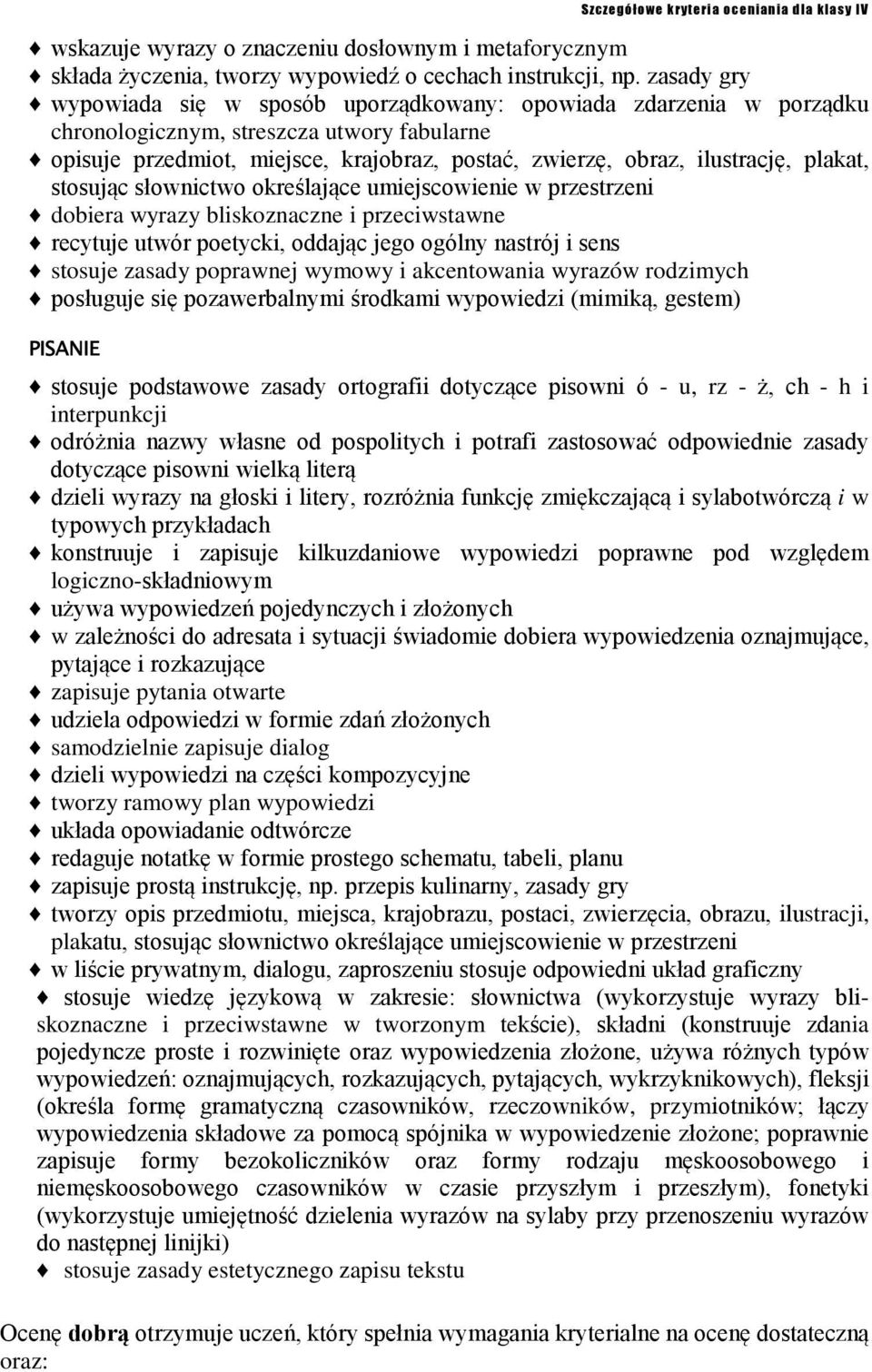 plakat, stosując słownictwo określające umiejscowienie w przestrzeni dobiera wyrazy bliskoznaczne i przeciwstawne recytuje utwór poetycki, oddając jego ogólny nastrój i sens stosuje zasady poprawnej