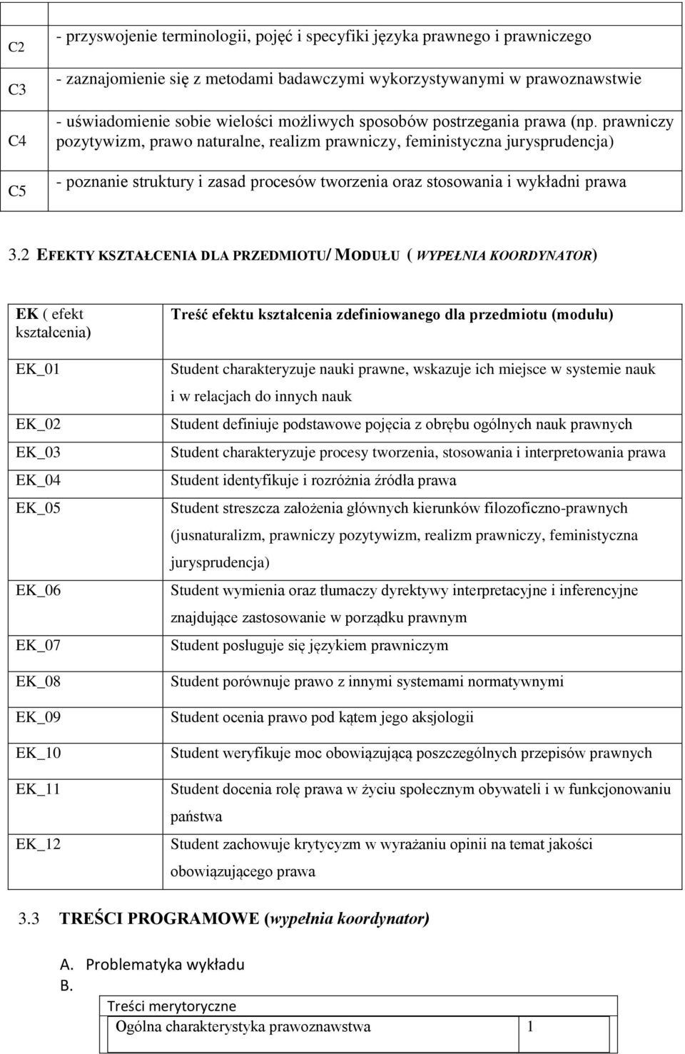 prawniczy pozytywizm, prawo naturalne, realizm prawniczy, feministyczna jurysprudencja) - poznanie struktury i zasad procesów tworzenia oraz stosowania i wykładni prawa 3.