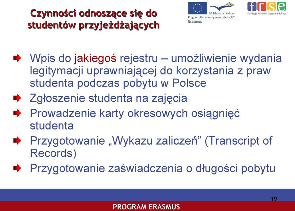 pobytu w Polsce Zgłoszenie studenta na zajęcia Prowadzenie karty okresowych osiągnięć