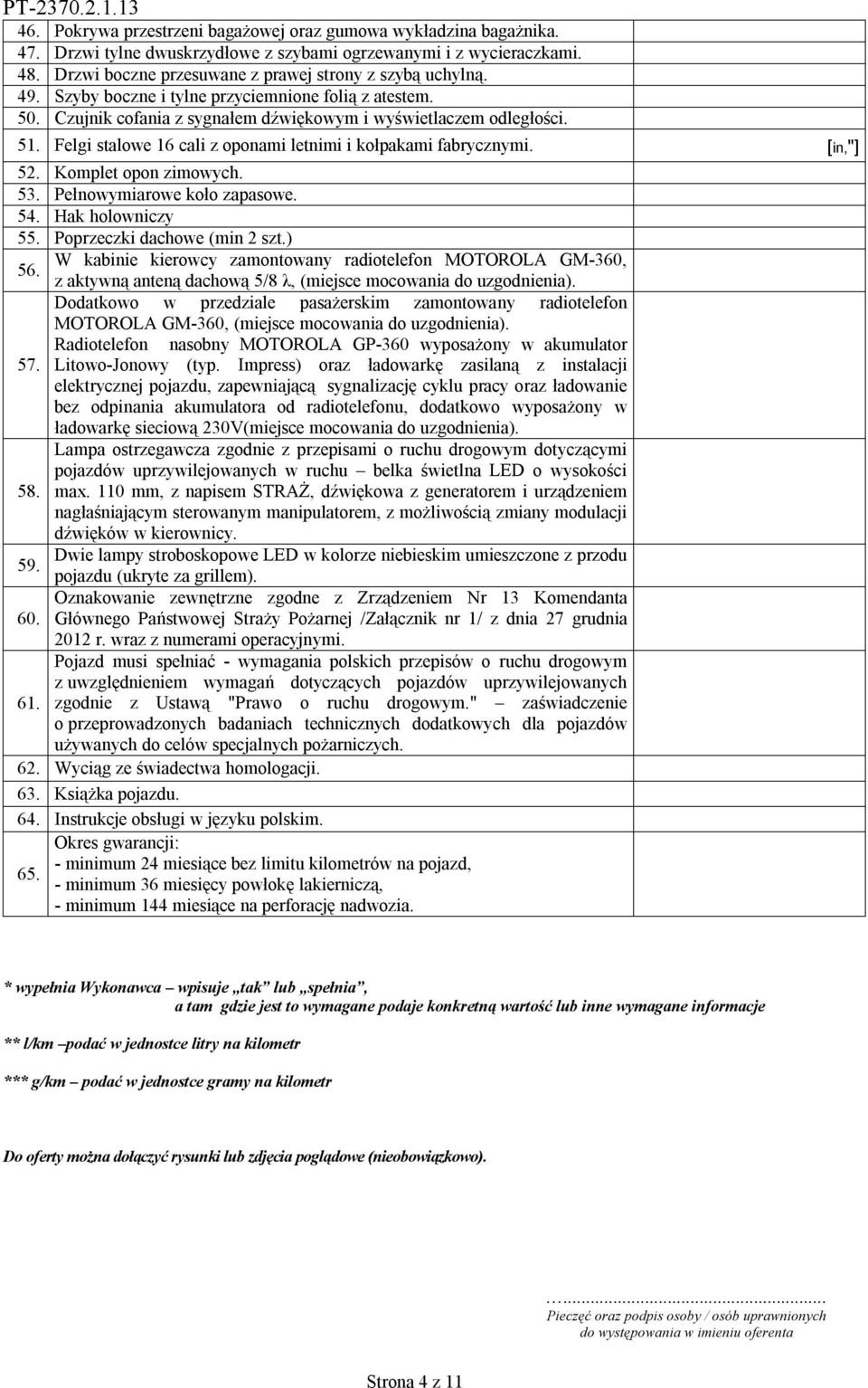 Felgi stalowe 16 cali z oponami letnimi i kołpakami fabrycznymi. [in,"] 52. Komplet opon zimowych. 53. Pełnowymiarowe koło zapasowe. 54. Hak holowniczy 55. Poprzeczki dachowe (min 2 szt.