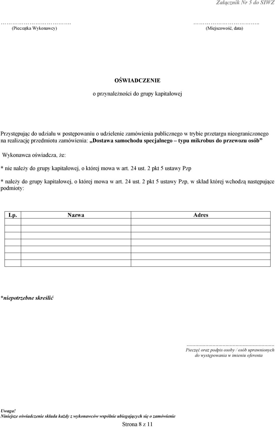 grupy kapitałowej, o której mowa w art. 24 ust. 2 pkt 5 ustawy Pzp * należy do grupy kapitałowej, o której mowa w art. 24 ust. 2 pkt 5 ustawy Pzp, w skład której wchodzą następujące podmioty: Lp.
