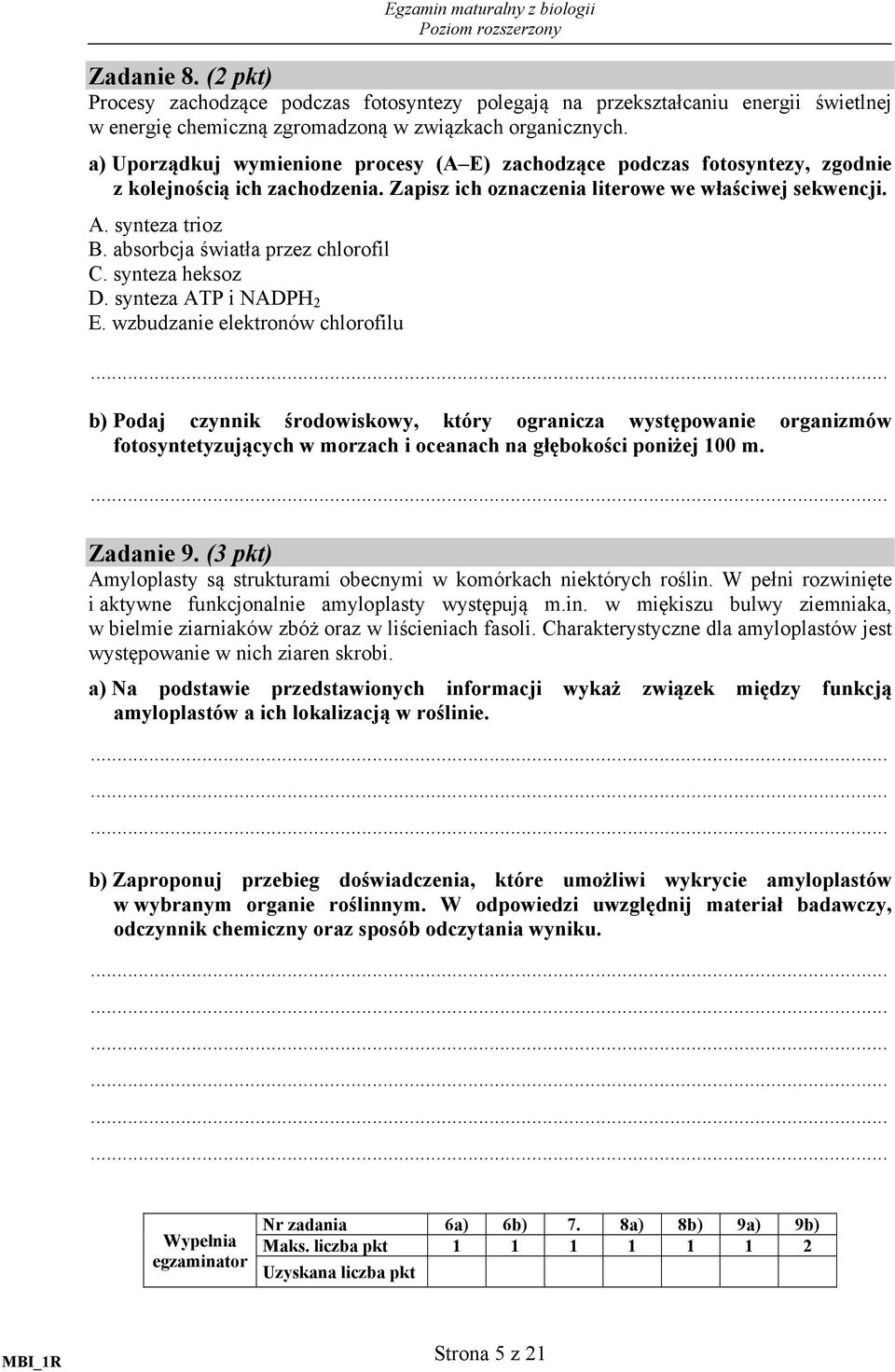 absorbcja światła przez chlorofil C. synteza heksoz D. synteza ATP i NADPH 2 E.