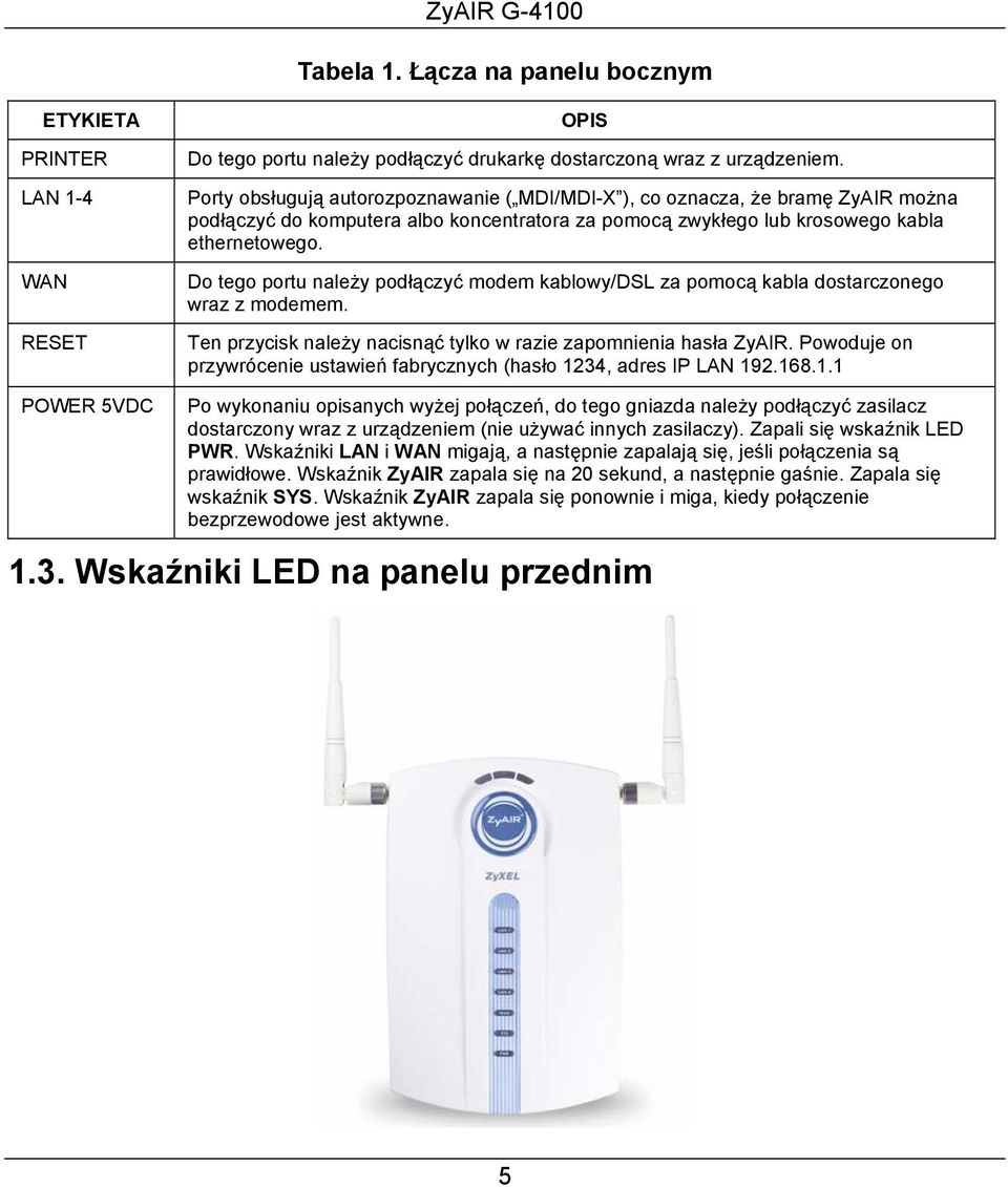 Do tego portu należy podłączyć modem kablowy/dsl za pomocą kabla dostarczonego wraz z modemem. Ten przycisk należy nacisnąć tylko w razie zapomnienia hasła ZyAIR.