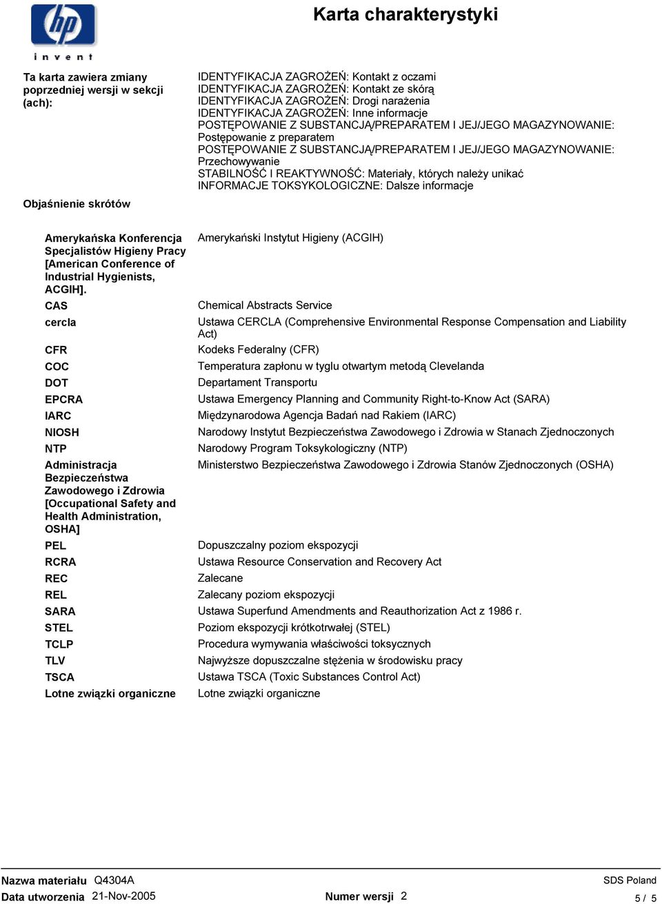MAGAZYNOWANIE: Przechowywanie STABILNOŚĆ I REAKTYWNOŚĆ: Materiały, których naleŝy unikać INFORMACJE TOKSYKOLOGICZNE: Dalsze informacje Amerykańska Konferencja Specjalistów Higieny Pracy [American