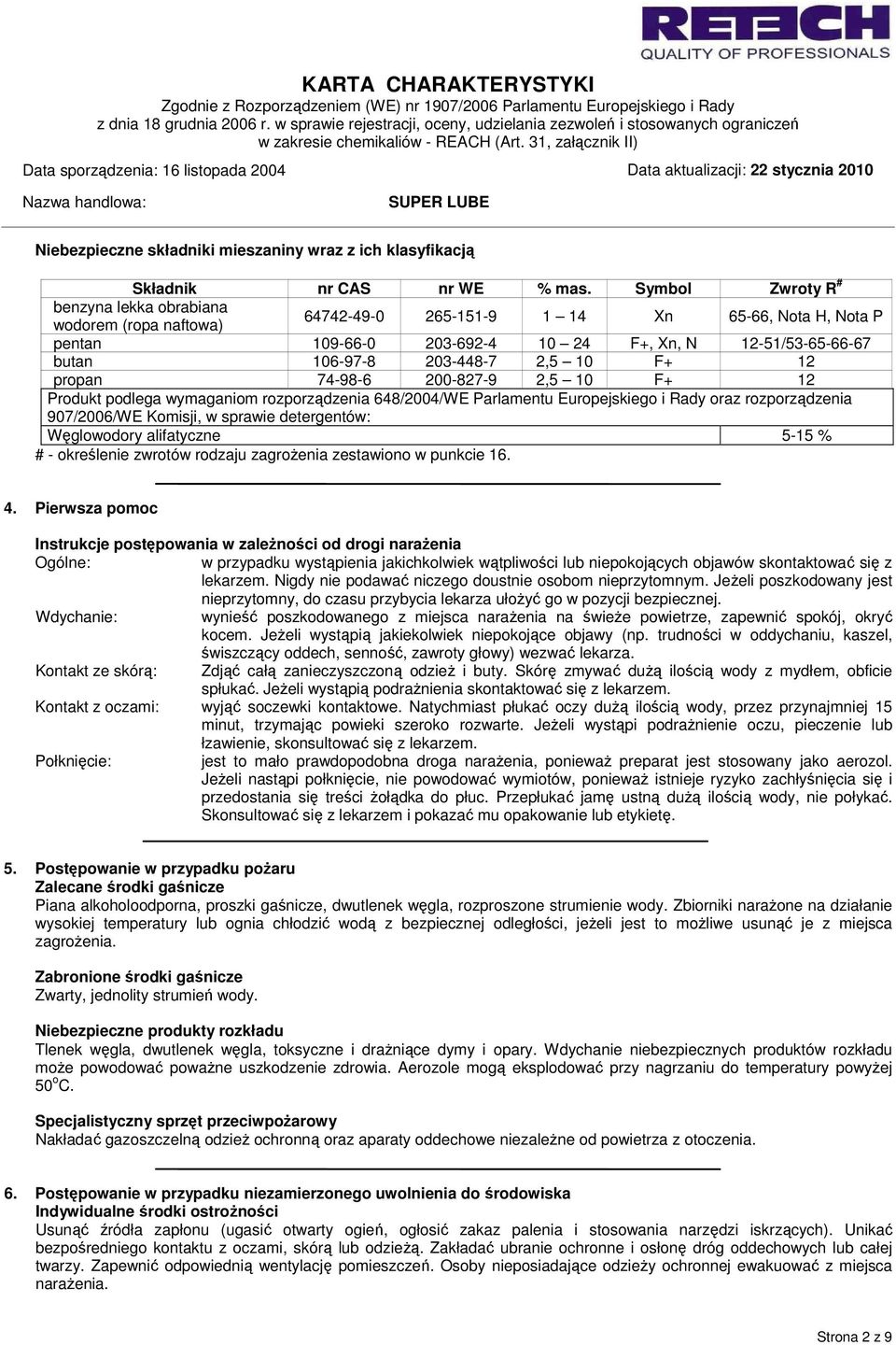 203-448-7 2,5 10 F+ 12 propan 74-98-6 200-827-9 2,5 10 F+ 12 Produkt podlega wymaganiom rozporządzenia 648/2004/WE Parlamentu Europejskiego i Rady oraz rozporządzenia 907/2006/WE Komisji, w sprawie