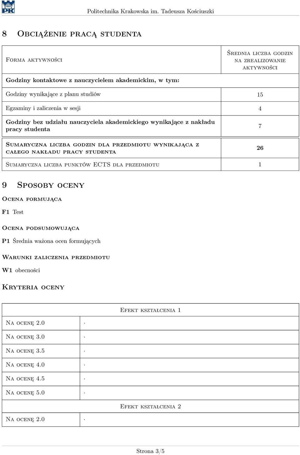 liczba godzin dla przedmiotu wynikająca z całego nakładu pracy studenta 7 26 Sumaryczna liczba punktów ECTS dla przedmiotu 1 9 Sposoby oceny Ocena formująca F1