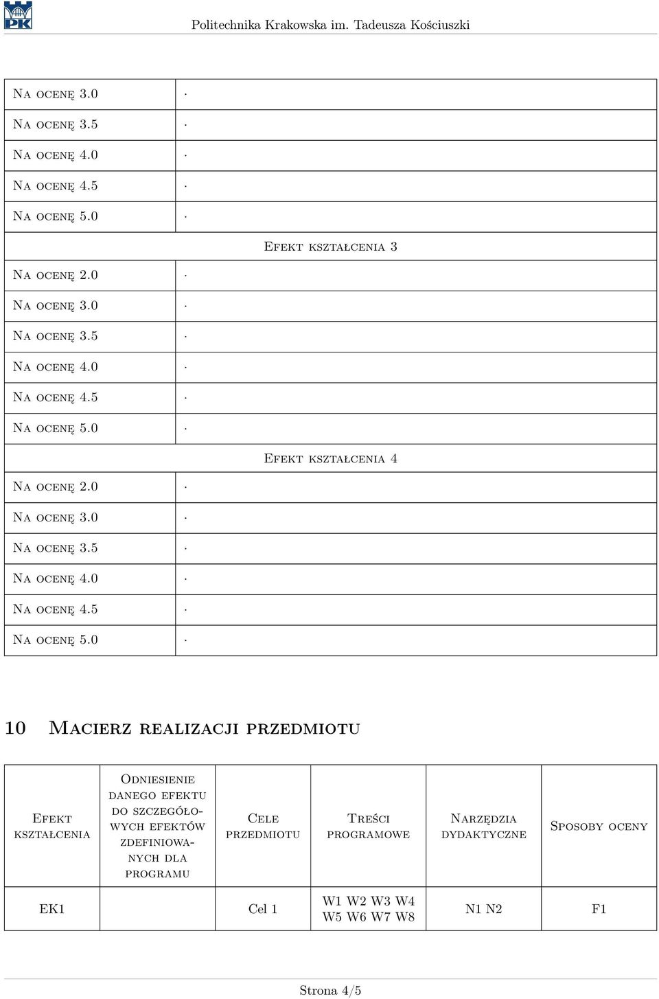 szczegółowych efektów zdefiniowanych dla programu Cele przedmiotu