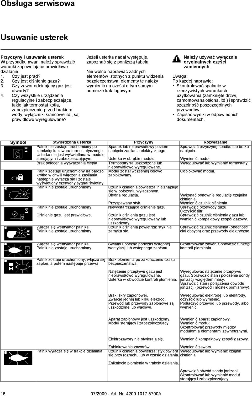 , są prawidłowo wyregulowane? Jeżeli usterka nadal występuje, zapoznać się z poniższą tabelą.
