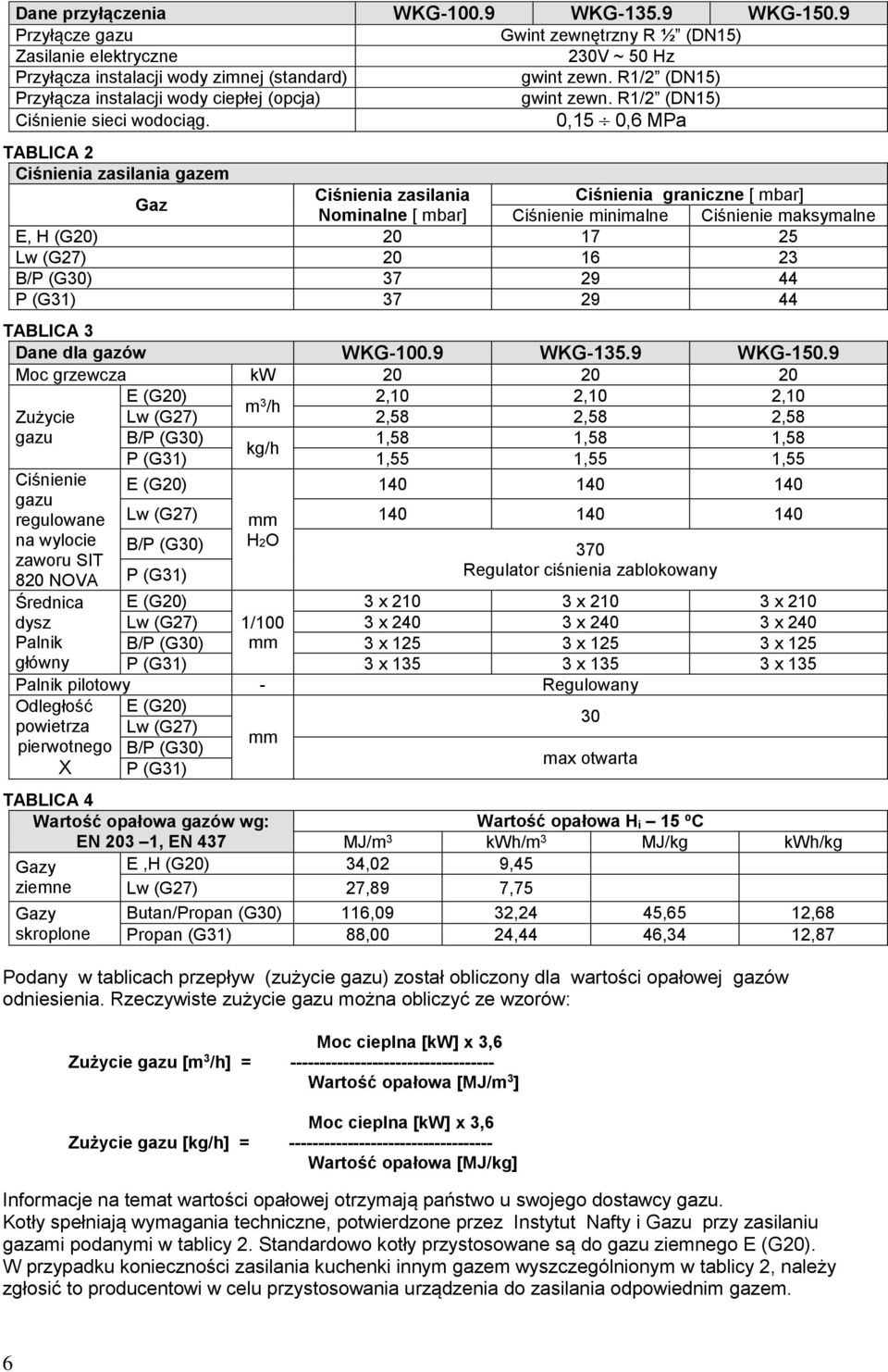 0,15 0,6 MPa TABLICA 2 Ciśnienia zasilania gazem Ciśnienia graniczne [ mbar] Ciśnienie minimalne Ciśnienie maksymalne Gaz Ciśnienia zasilania Nominalne [ mbar] E, H (G20) 20 17 25 Lw (G27) 20 16 23