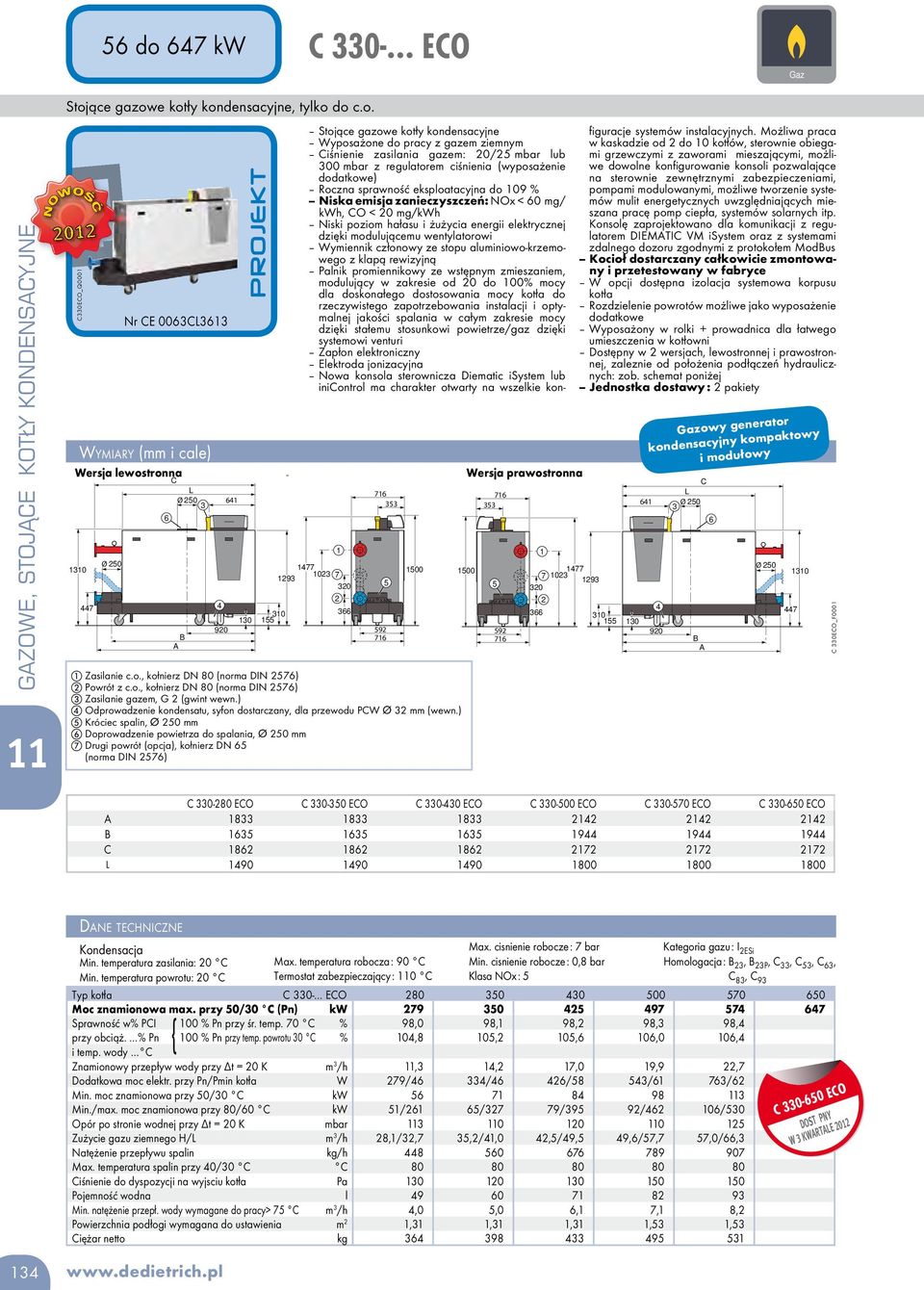 ) 5 Króciec spalin, Ø 50 mm 6 Doprowadzenie powietrza do spalania, Ø 50 mm 7 Drugi powrót, kołnierz DN 65 (norma DIN 576) g 1 5 59 1500 1500 Wersja prawostronna Stojące gazowe kotły kondensacyjne