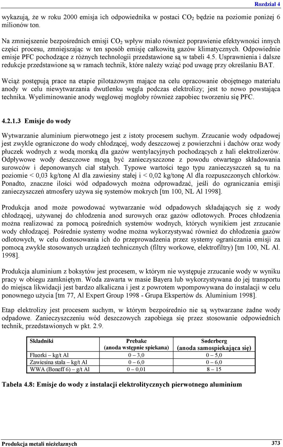 Odpowiednie emisje PFC pochodzące z różnych technologii przedstawione są w tabeli 4.5.