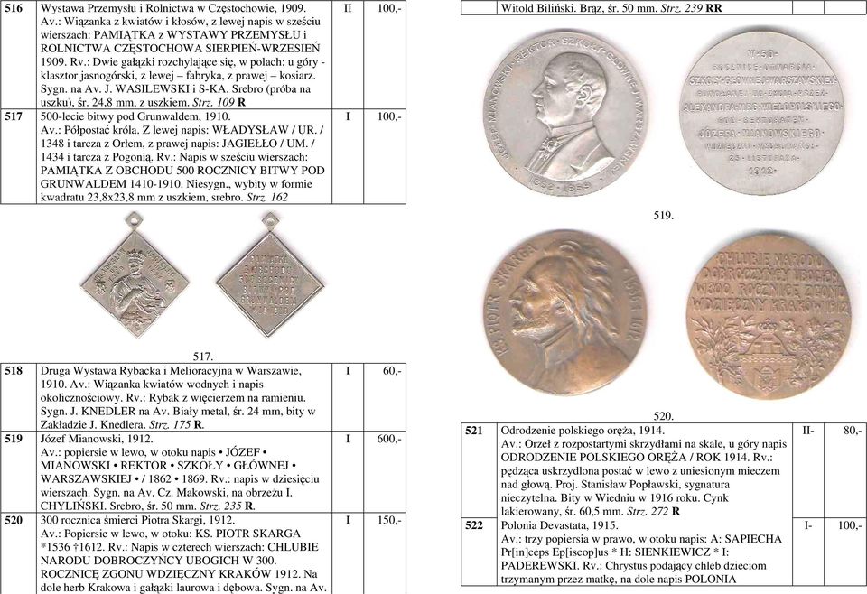 : Dwie gałązki rozchylające się, w polach: u góry - klasztor jasnogórski, z lewej fabryka, z prawej kosiarz. Sygn. na Av. J. WASILEWSKI i S-KA. Srebro (próba na uszku), śr. 24,8 mm, z uszkiem. Strz.