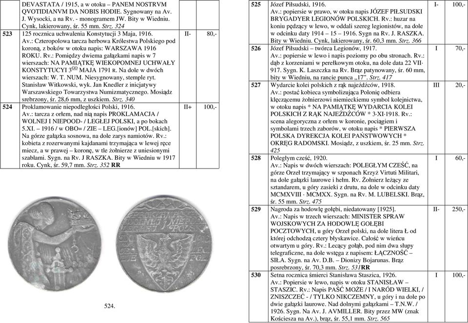 : Pomiędzy dwiema gałązkami napis w 7 wierszach: NA PAMIĄTKĘ WIEKOPOMNEJ UCHWAŁY KONSTYTUCYI 3 GO MAJA 1791 R. Na dole w dwóch wierszach: W. T. NUM. Niesygnowany, stemple ryt.