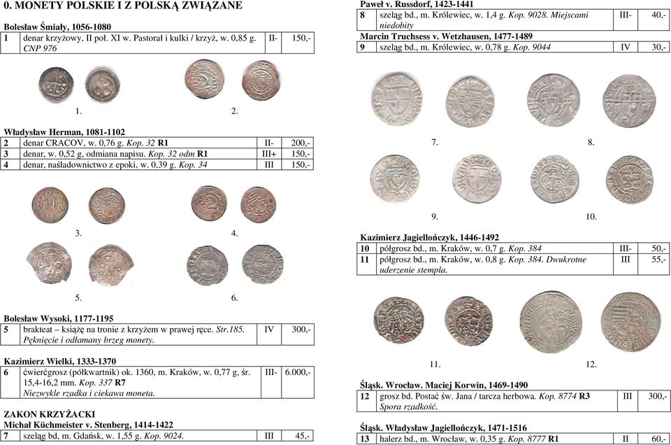 Władysław Herman, 1081-1102 2 denar CRACOV, w. 0,76 g. Kop. 32 R1 II- 200,- 3 denar, w. 0,52 g, odmiana napisu. Kop. 32 odm R1 III+ 150,- 4 denar, naśladownictwo z epoki, w. 0,39 g. Kop. 34 III 150,- 7.
