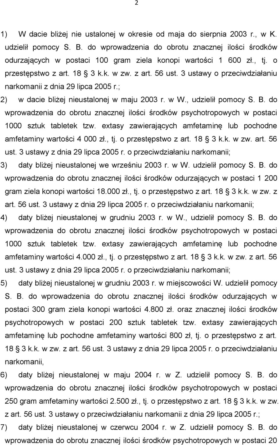 3 ustawy o przeciwdziałaniu narkomanii z dnia 29 lipca 2005 r.; 2) w dacie bliżej nieustalonej w maju 2003 r. w W., udzielił pomocy S. B.