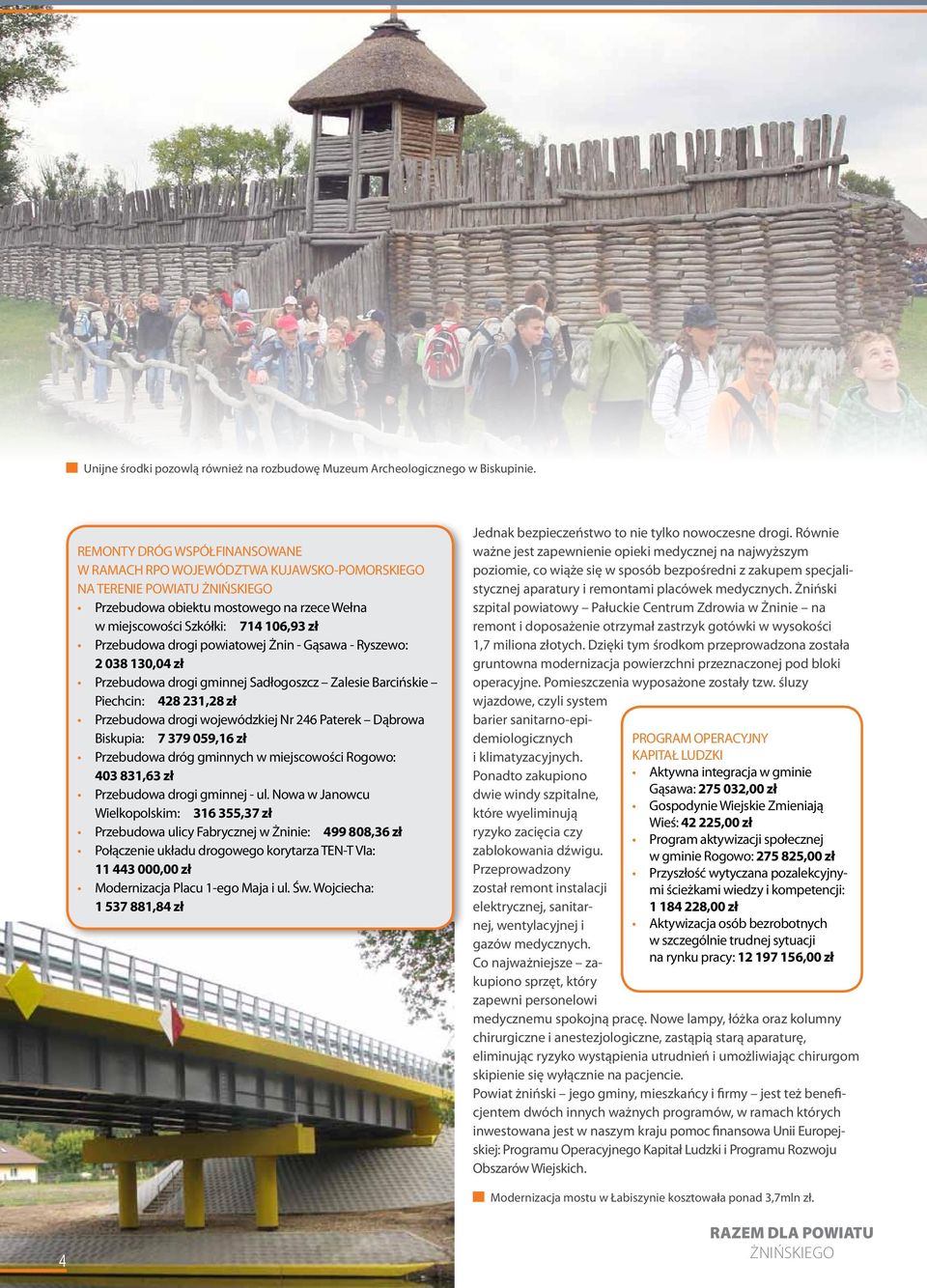 drogi powiatowej Żnin - Gąsawa - Ryszewo: 2 038 130,04 zł Przebudowa drogi gminnej Sadłogoszcz Zalesie Barcińskie Piechcin: 428 231,28 zł Przebudowa drogi wojewódzkiej Nr 246 Paterek Dąbrowa