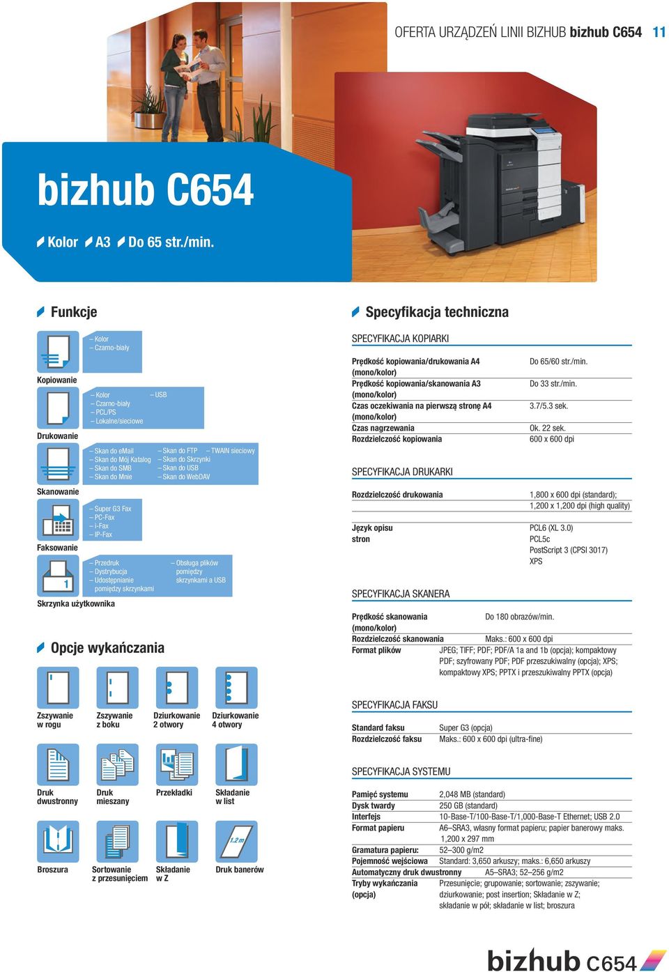 skrzynkami a USB TWAIN sieciowy Prędkość kopiowania/skanowania A3 Do 65/60 str./min. Do 33 str./min. 3.7/5.3 sek. Ok. 22 sek.